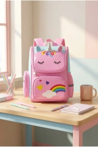 Unicorn Desenli Pembe Kız Çocuk Okul Sırt çantası